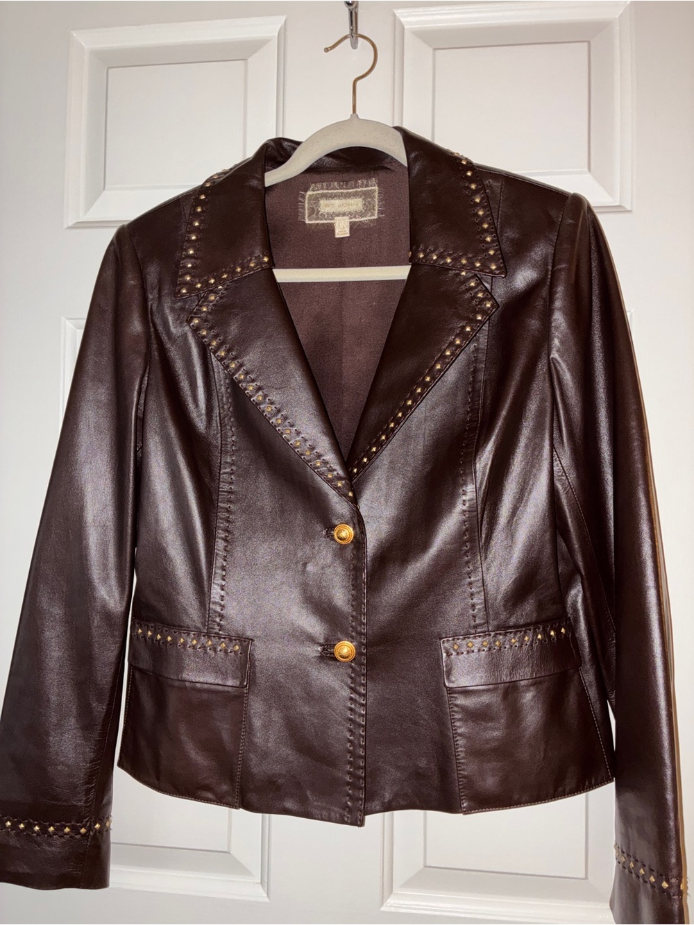 Like NEW Vintage ST. JOHN Lamb Leather Gold Studded Brown Double Front Button 12 - Picture 4 of 10